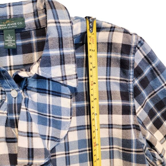 RALPH LAUREN Ruffle Front Plaid Button Up Flannel Shirt Womens L Derby Modest - Picture 10 of 11